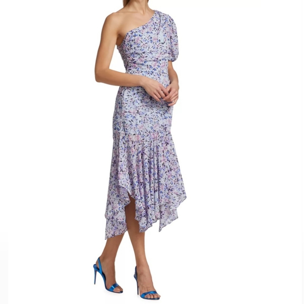 Astr Sheer Floral One Shoulder Ruffle Wrap Zip Midi Dress - Picture 7 of 10